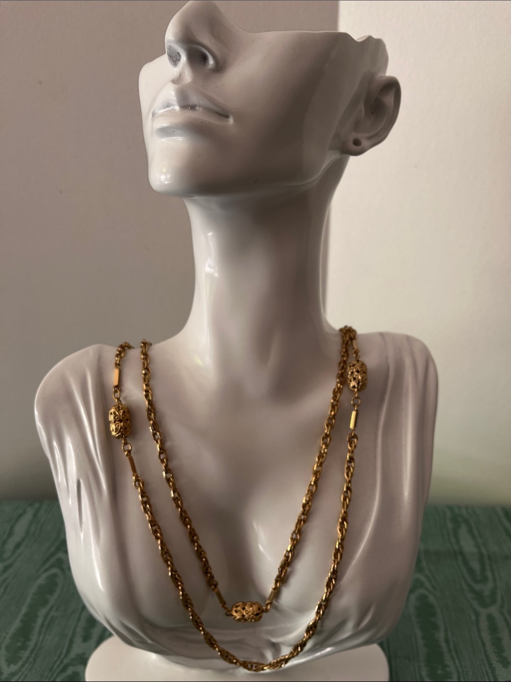 1970s Sarah Coventry Gold Tone Filigree Barrel Station Multi-Strand 54” Necklace